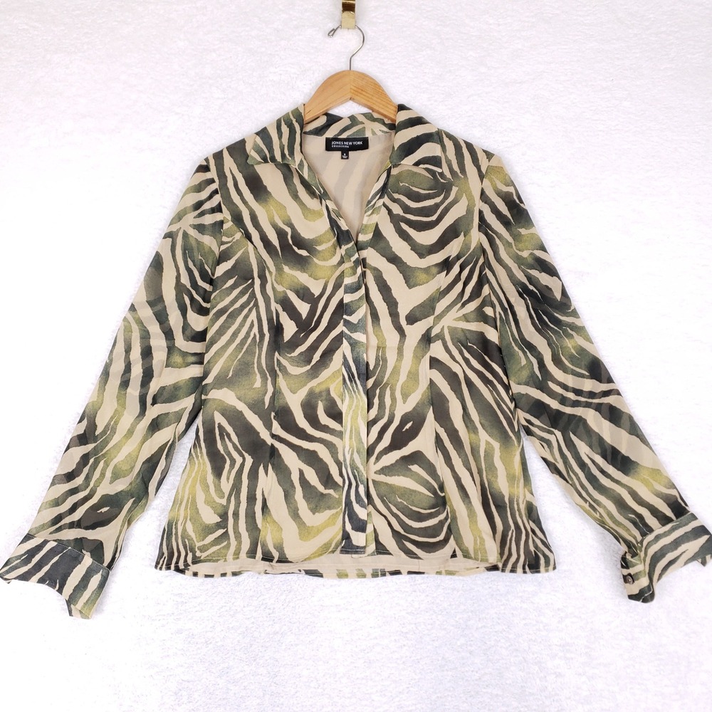 Jones New York Collection Zebra Print Button Up Blouse Tan Olive Green Sz‎ 6